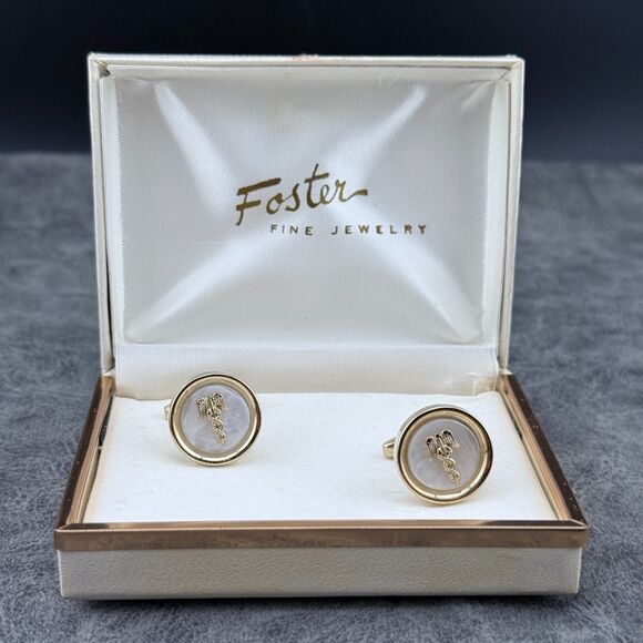 Vintage Foster Caduceus Cufflinks Set Mother of Pearl Gold Tone Medical with Box - Picture 2 of 11